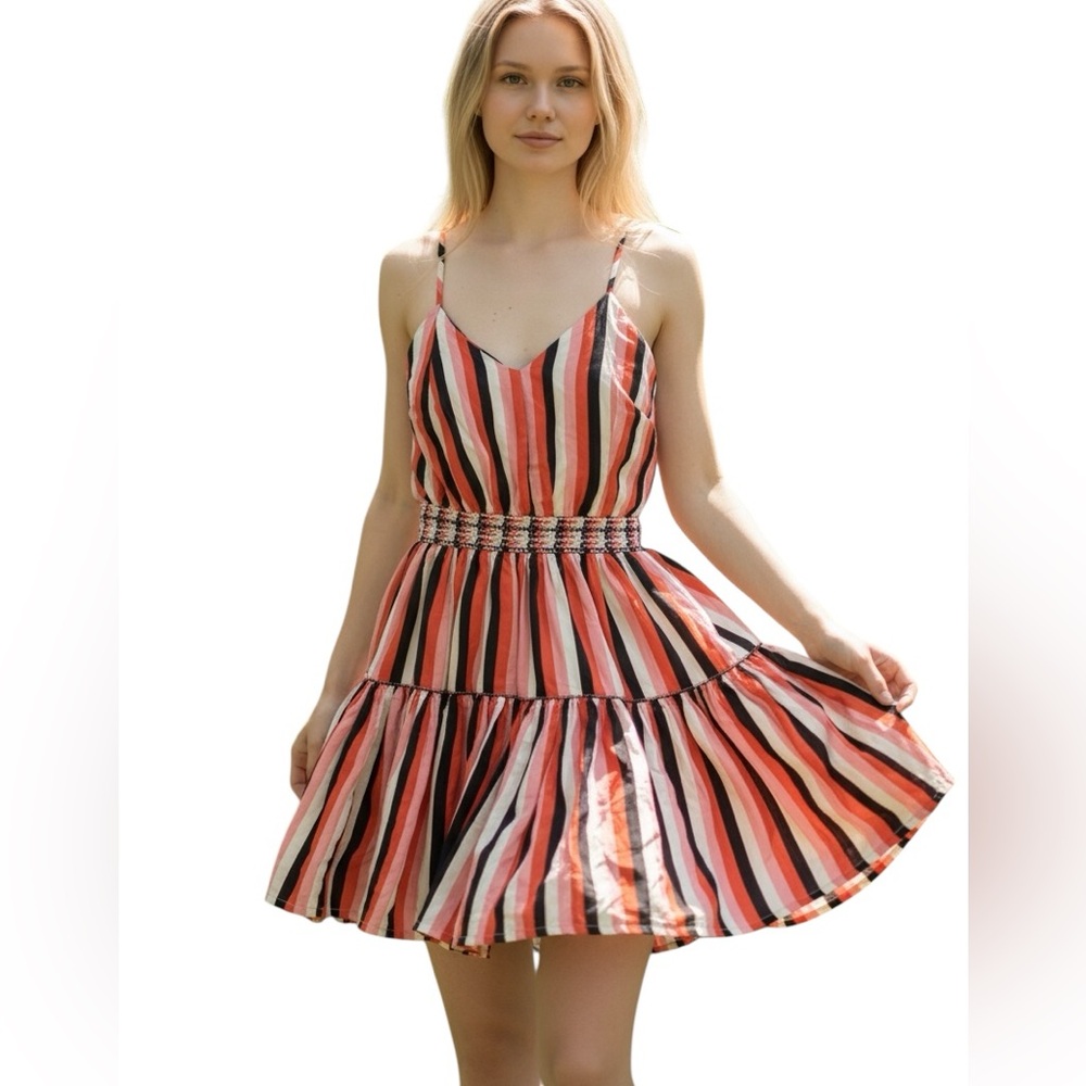 Karina Grimaldi Lucia Y2K Red Pink Black White Striped Beaded Silk Club Dress L